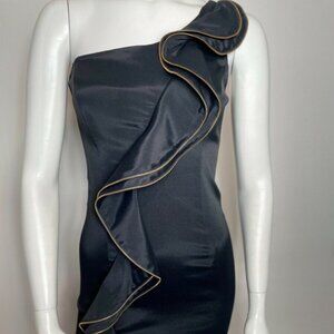 CACHE One Shoulder Zipper Detail‎ Ruffle Black Satin Mini Dress